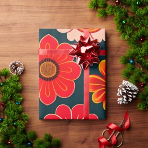 Papier Cadeau Fleurs vintages Motif Floral Rouge Noir