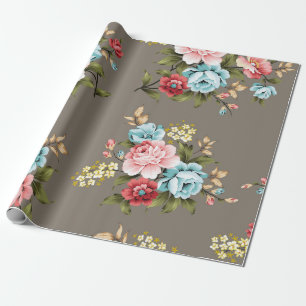 Papier Cadeau Fleurs vintages roses et bleues avec vert et crème