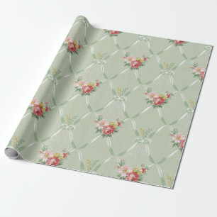 Papier Cadeau Fleurs Vintages roses sur treillis de ruban vert