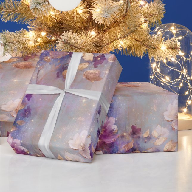 Papier Cadeau Fleurs violettes d'or blanc féminin (Vacances)