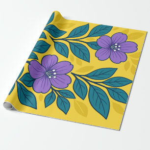 Papier Cadeau Fleurs violettes et feuilles sarcelles sur fond ja