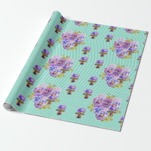 Papier Cadeau Fleurs violettes Pansy fleurs florales Aqua Stripe