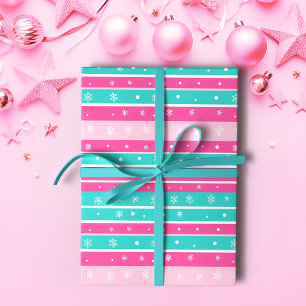 Papier Cadeau Flocon de neige à rayures horizontales rose et men