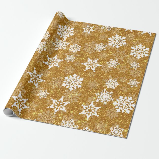 Papier Cadeau Flocon de neige blanc Luxueux Jaune élégant Noël (Déroulé)