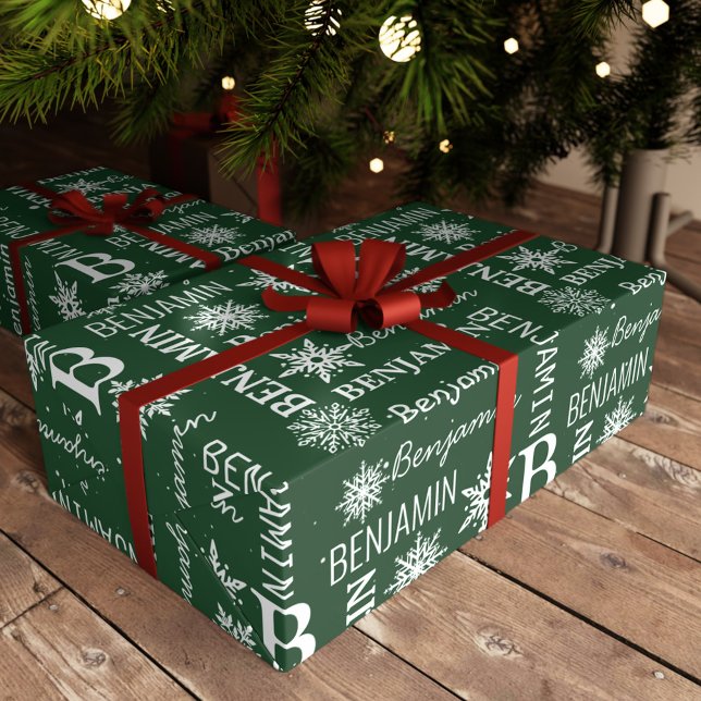 Papier Cadeau Flocon de neige de Noël Nom persistant Personnalis (Christmas Snowflake Repeating Name Personalized Wrapping Paper)