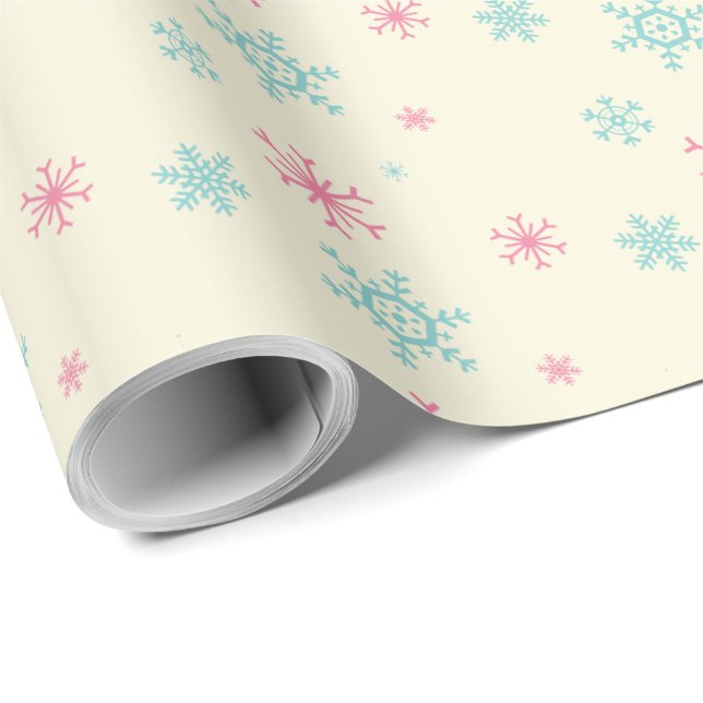 Papier Cadeau Flocon de neige rose et bleu Motif Noël hiver (Coin rond)