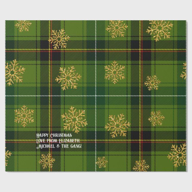 Papier Cadeau Flocon de neige vert Tartan or Noël personnalisé (Plat)
