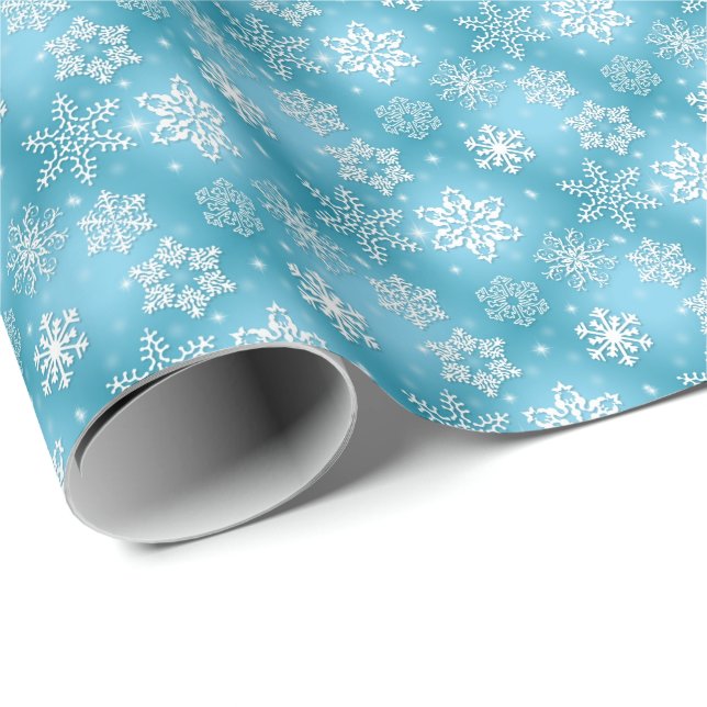 Papier Cadeau flocons blancs sur aqua (Coin rond)