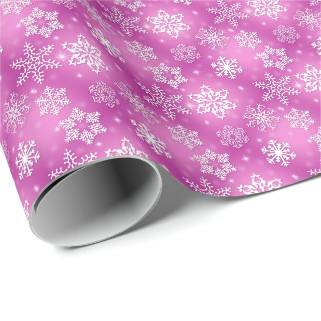 Papier Cadeau flocons blancs sur rose (Coin rond)