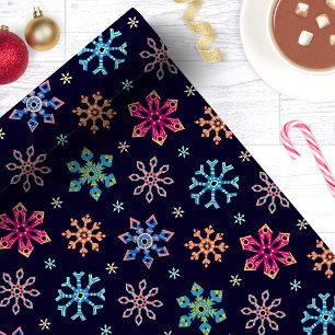 Papier Cadeau Flocons de Neige Arc-en-Ciel Bleu Marine Noël
