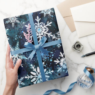 Papier Cadeau Flocons de neige bleu profond nuit magique d'hiver