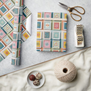 Papier Cadeau Flocons de neige colorés sur patchwork pastel