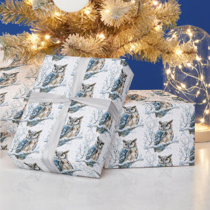 Papier Cadeau Flocons de neige d'hiver Bleu Hibou Noël Neige
