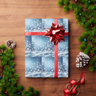 Papier Cadeau Flocons de neige et cœurs de neige dans le ciel hi