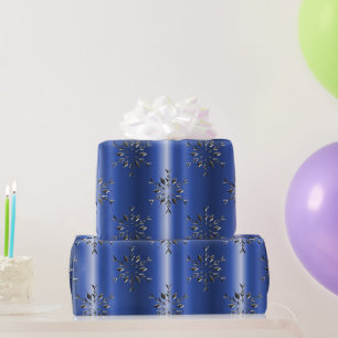 Papier Cadeau Flocons de neige métalliques sur un Noël bleu