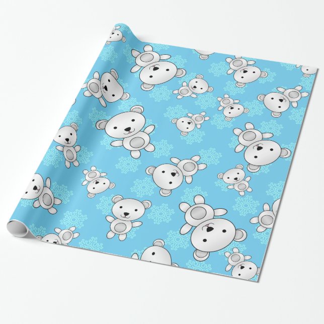 Papier Cadeau Flocons de neige mignons de bleu d'ours blancs (Déroulé)
