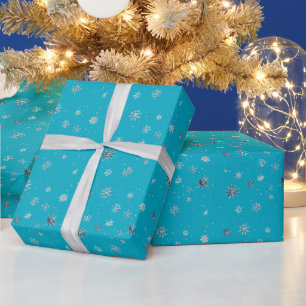 Papier Cadeau Flocons de Noël Bleu Aqua Argent Blanc
