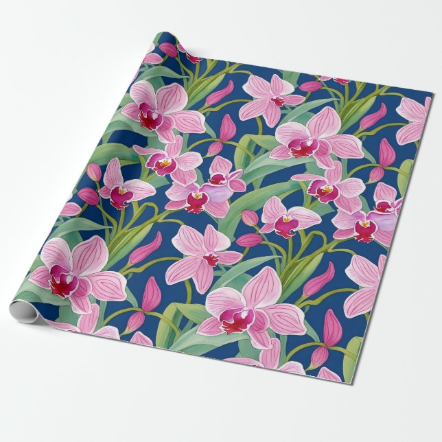 Papier Cadeau Flora d'orchidée rose printanier (Déroulé)