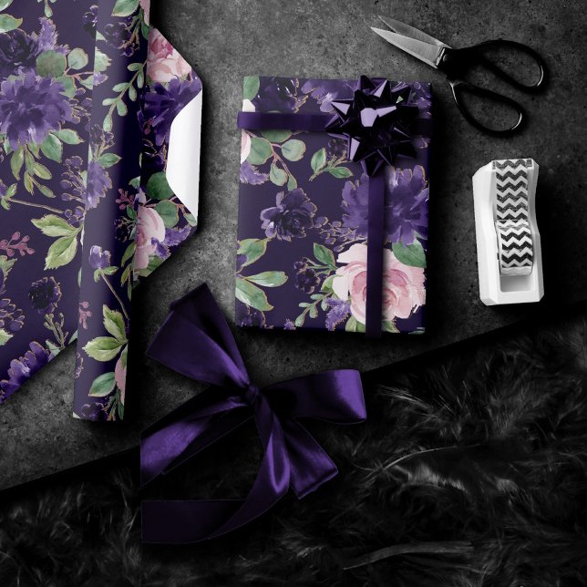 Papier Cadeau Floraison | Motif violet foncé et rose (Créateur téléchargé)