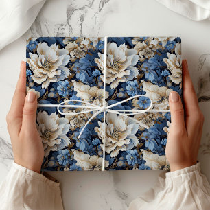 Papier Cadeau Floral Bleu Blanc Ivoire Classique