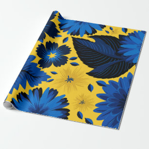 Papier Cadeau Floral bleu gras sur Arrière - plan jaune vif