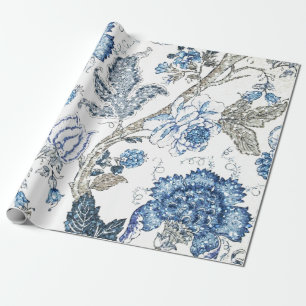 Papier Cadeau Floral bleu scintillant sur le blanc d'hiver