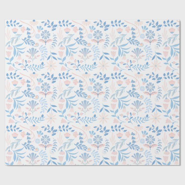 Papier Cadeau Floral design boho block print blue pink girly (Plat)