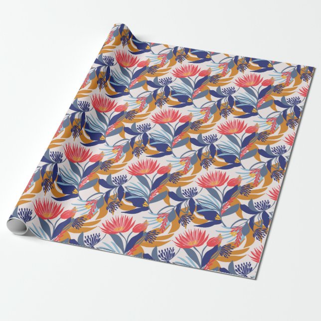 Papier Cadeau Floral indigène australien sur une base crème (Déroulé)