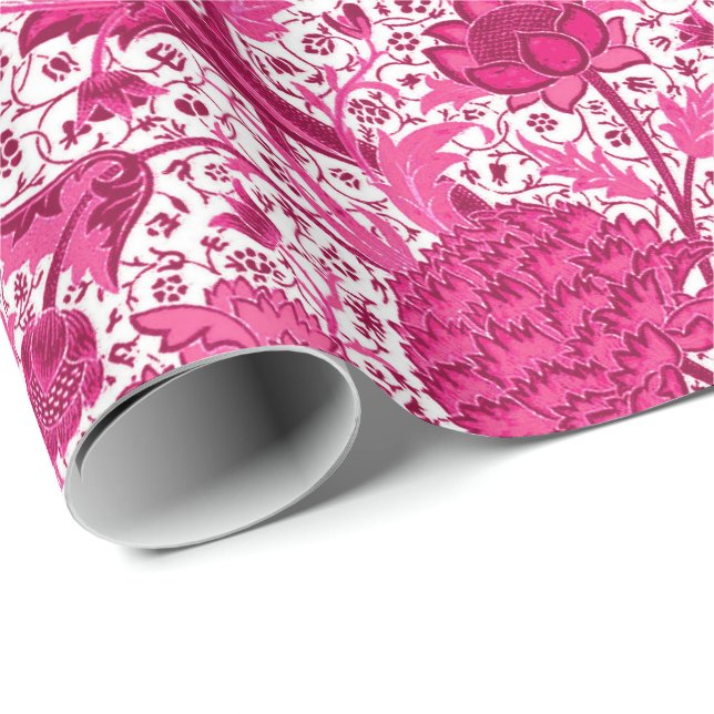Papier Cadeau Floral Jacobean de William Morris, rose de fuchsia (Coin rond)