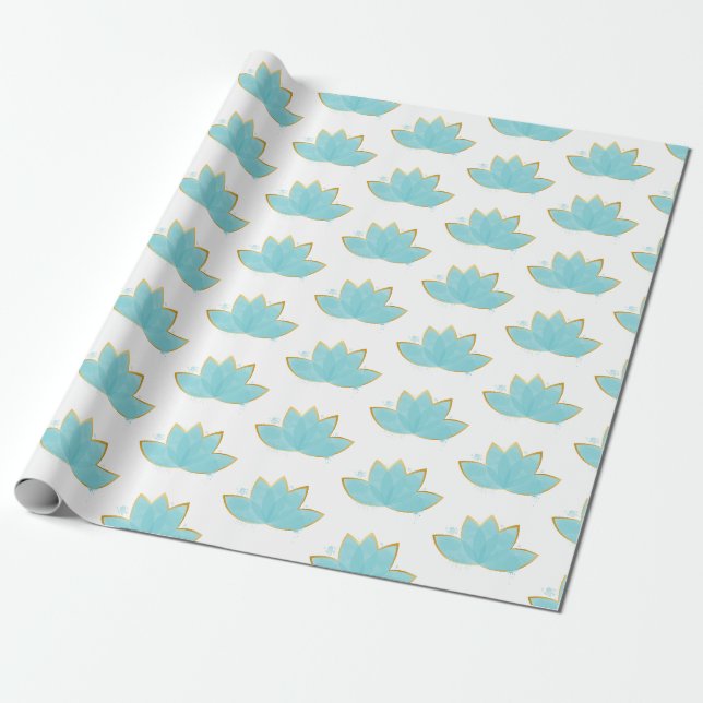 Papier Cadeau Floral Lotus Aquarelle Mer Bleu & Faux Or (Déroulé)