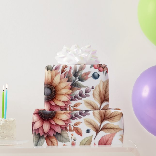 Papier Cadeau Floral moody lustré sur blanc (Cadeaux de fête)