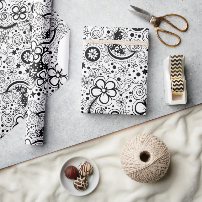 Papier Cadeau Floral noir et blanc (Artisanat)