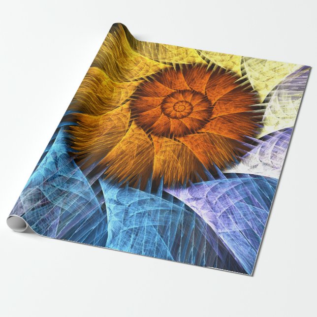 Papier Cadeau Floral Orange Bleu Jaune Art Abstrait (Déroulé)