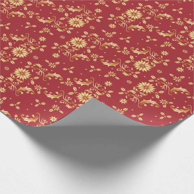 Papier Cadeau Floral Red Gold Stars Fête de Noël Metallic (Coin)