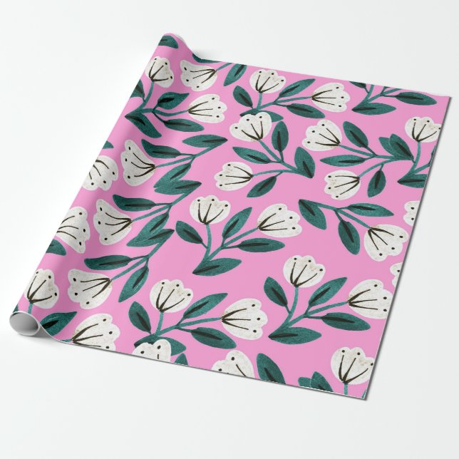 Papier Cadeau Floral rose et blanc (Déroulé)