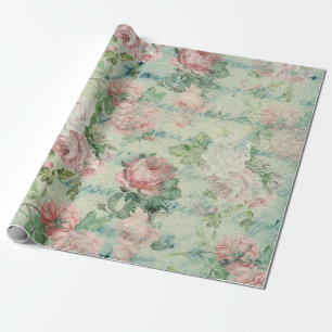 Papier Cadeau Floral rose vintage et encre Turquoise