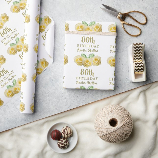 Papier Cadeau Floral Roses Jaunes 80e fête d'anniversaire (Artisanat)