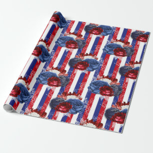 Papier Cadeau Floral rouge, blanc et bleu Motif américain