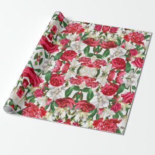 Papier Cadeau Floral Rouge Blanc Fleurs Aquarelle Jardin Motif