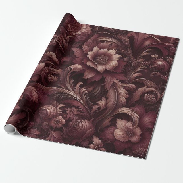 Papier Cadeau Floral Rouge Bourgogne (Déroulé)