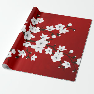 Papier Cadeau Floral Rouge Et Blanc Fleur De Cerisier