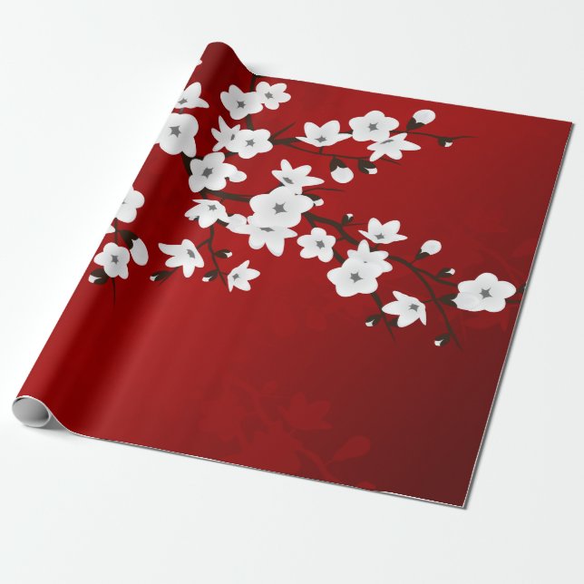 Papier Cadeau Floral Rouge Et Blanc Fleur De Cerisier (Déroulé)