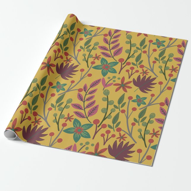 Papier Cadeau Floral sans couture motif fleurs jaunes et feuille (Déroulé)