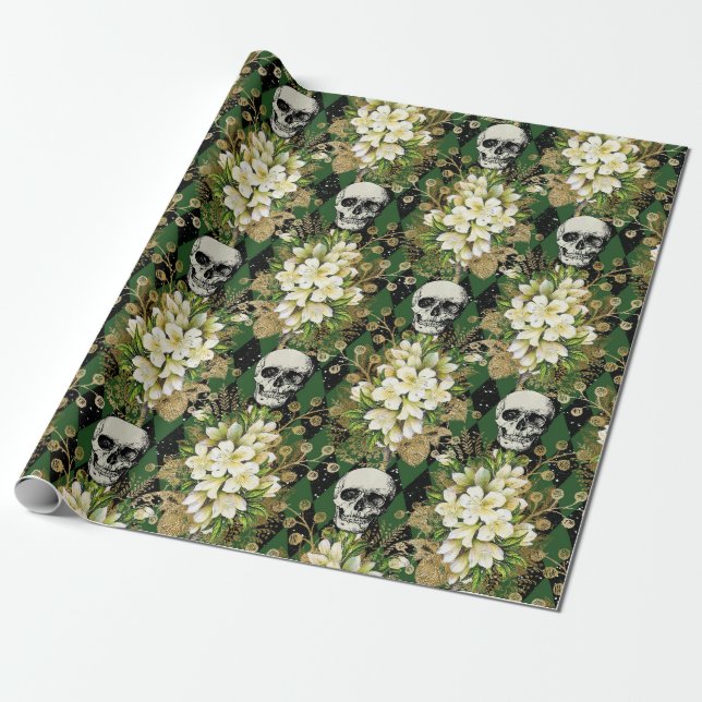 Papier Cadeau Floral & Skuls Gothique Grunge Motif de Noël (Déroulé)