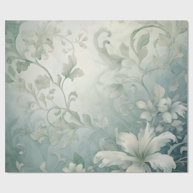 Papier Cadeau Floral Victorian Blue Grey Élégant Imaginaire Fleu (Plat)
