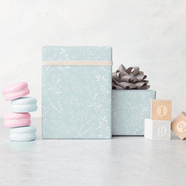 Papier Cadeau Flore bleu classique (Baby Shower)