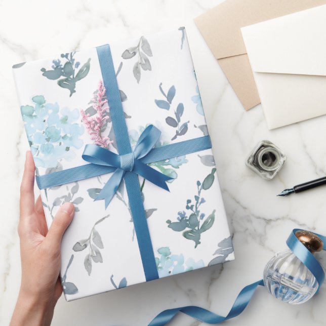 Papier Cadeau Flore bleu et argent poussiéreux | Aquarelle (Cadeaux)