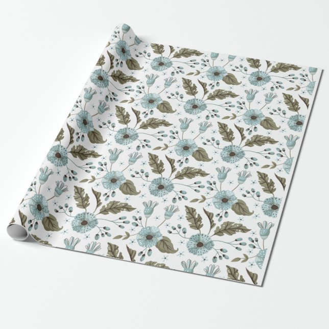 Papier Cadeau Flore bleue et verte (Déroulé)