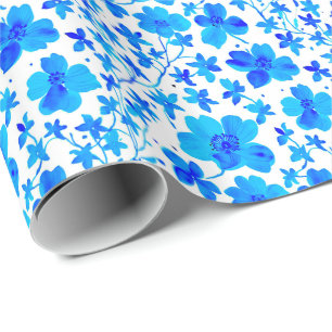 Papier Cadeau Flore botanique en bleu profond et blanc