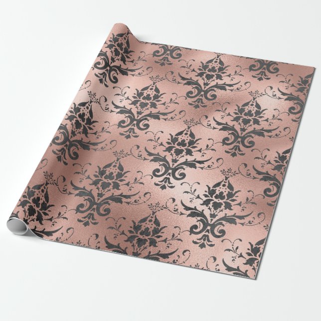 Papier Cadeau Flore de défilement gris sur rose (Déroulé)
